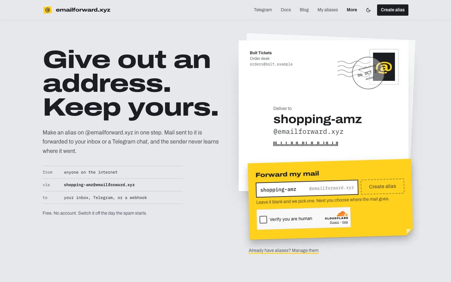 emailforward.xyz homepage: an envelope addressed to the alias and the yellow sticker that creates it.