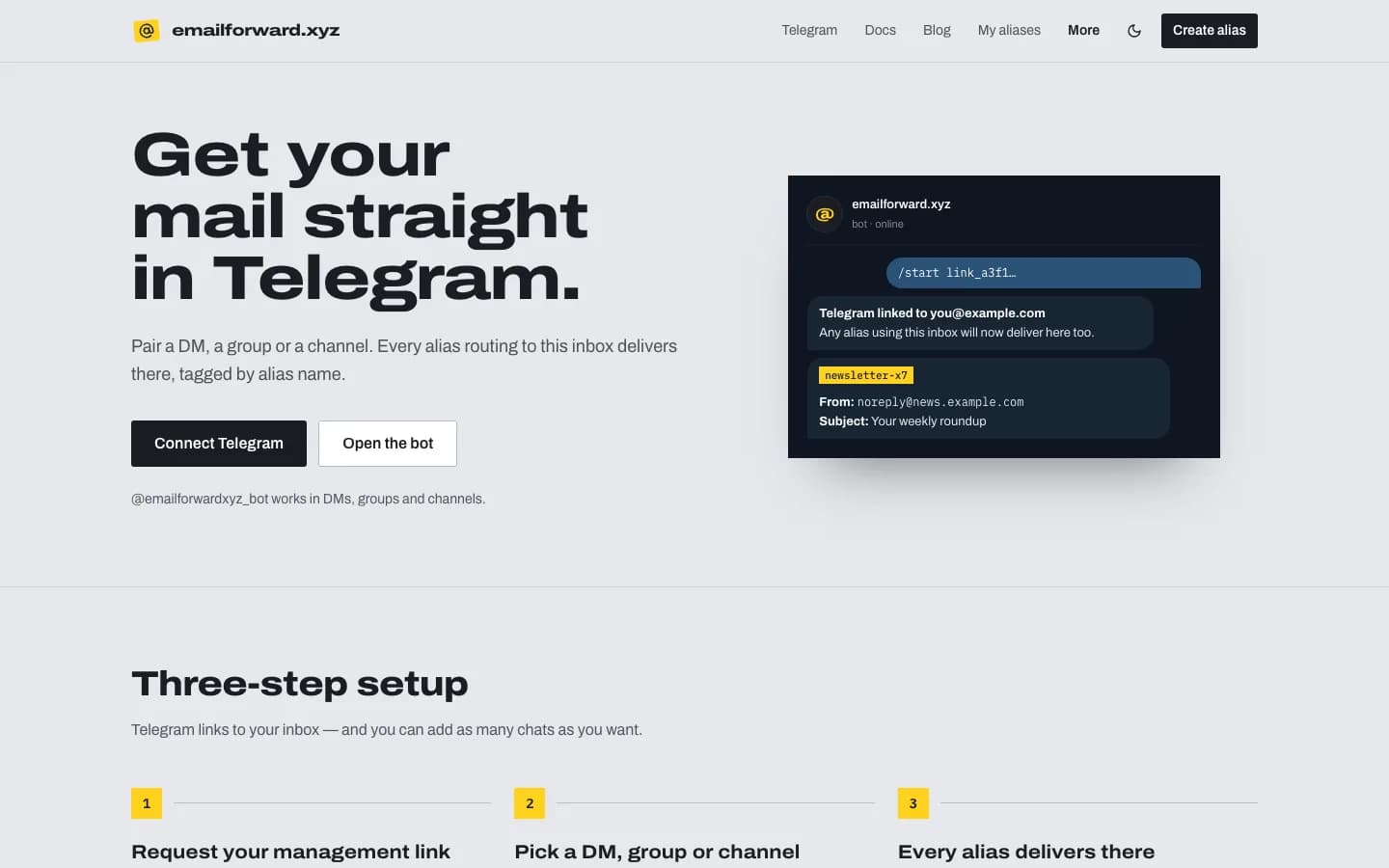 emailforward.xyz Telegram page, with the bot pairing a chat and an email delivered tagged by alias.