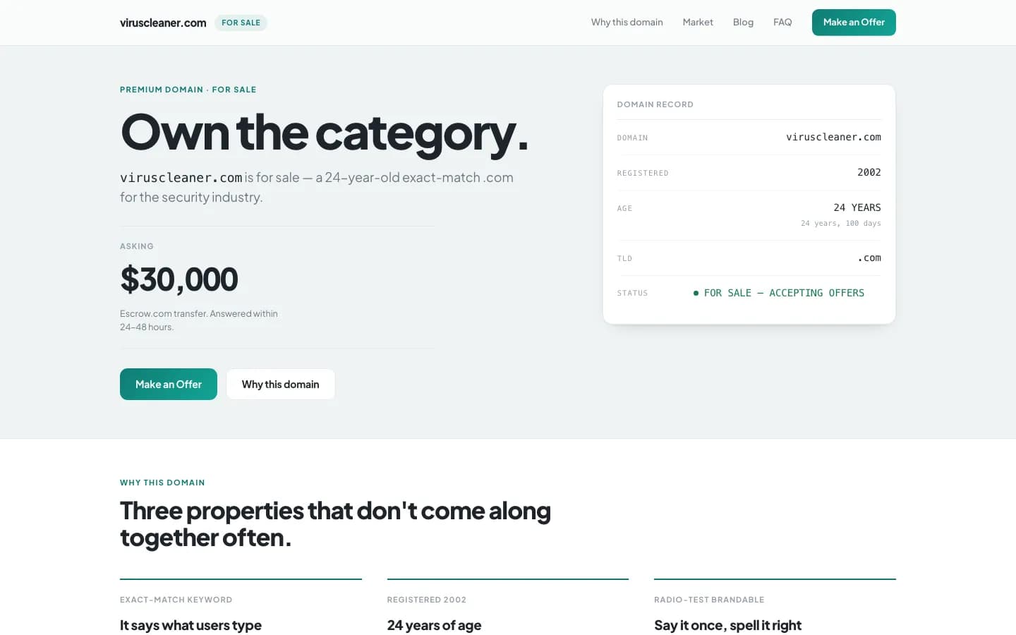 viruscleaner.com homepage, with the asking price and the domain record.