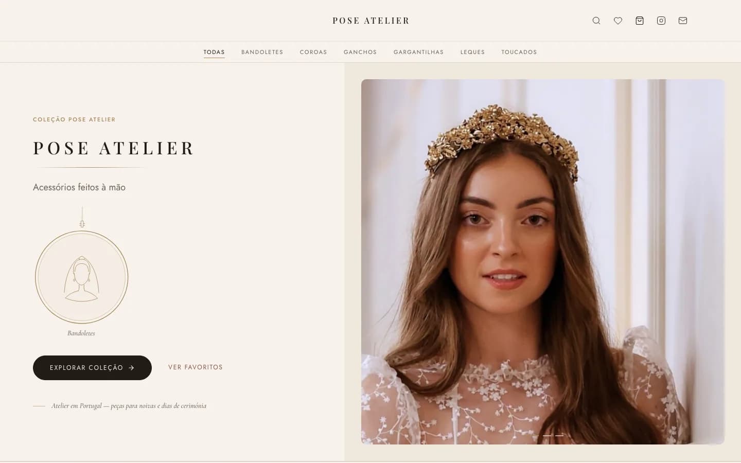 Pose Atelier shop homepage, with bridal pieces featured.