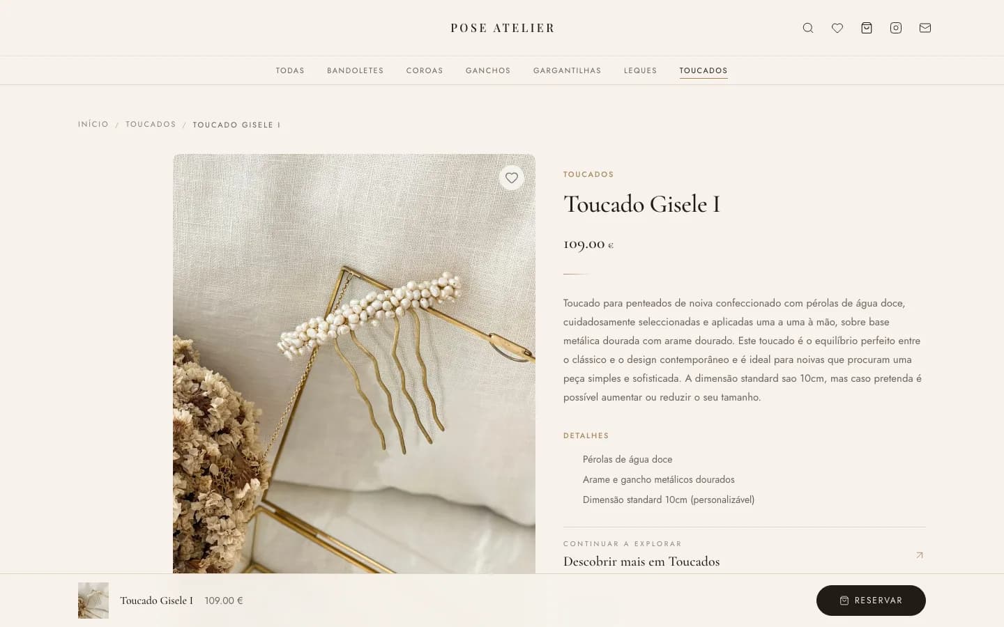 Product page for the Gisele I headpiece in the Pose Atelier shop.