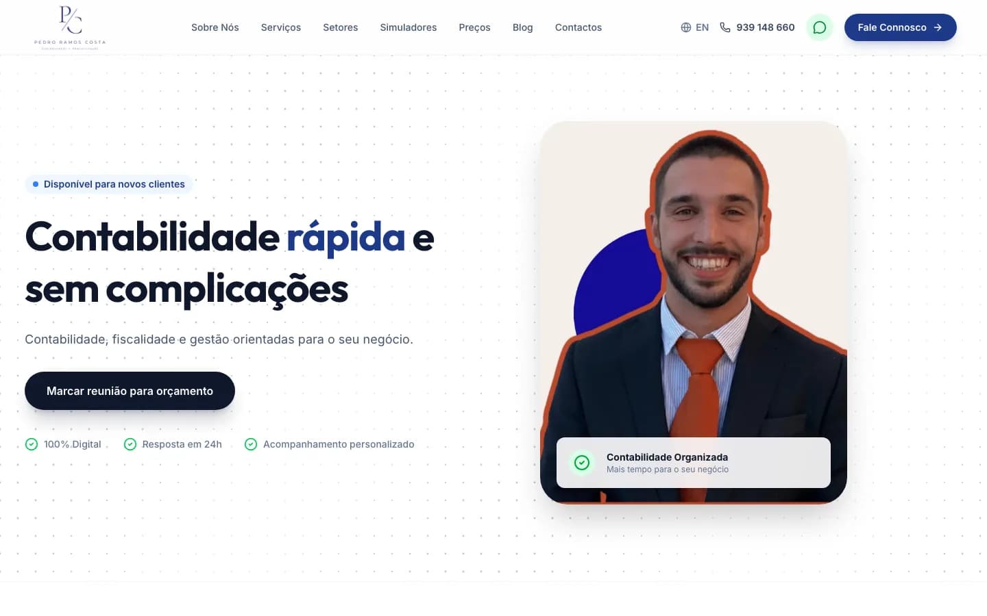 Página inicial da PRC Contabilidade, com o Pedro Ramos Costa e o pedido de reunião.