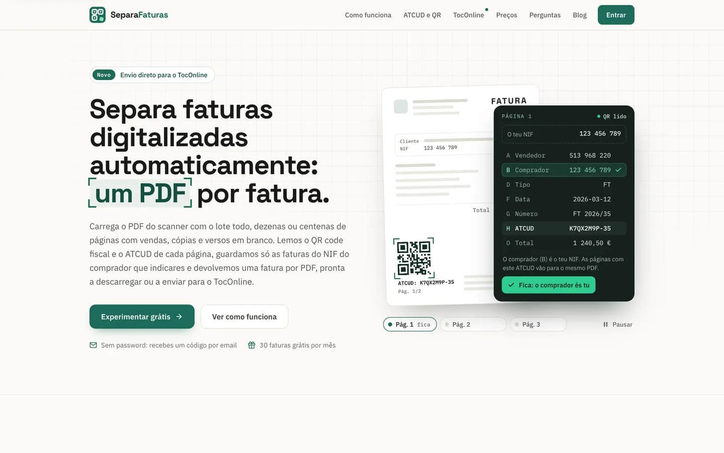 Página inicial do SeparaFaturas: uma fatura com o QR fiscal lido campo a campo e o NIF do comprador confirmado.