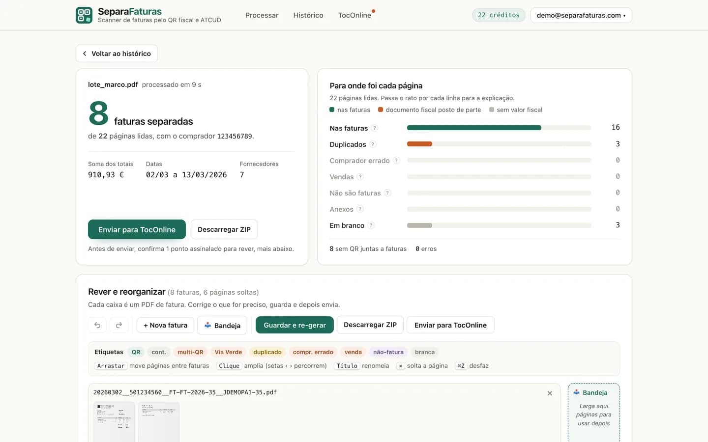 Resultado de um lote no SeparaFaturas: 8 faturas separadas de 22 páginas, para onde foi cada página e o quadro para rever e reorganizar.